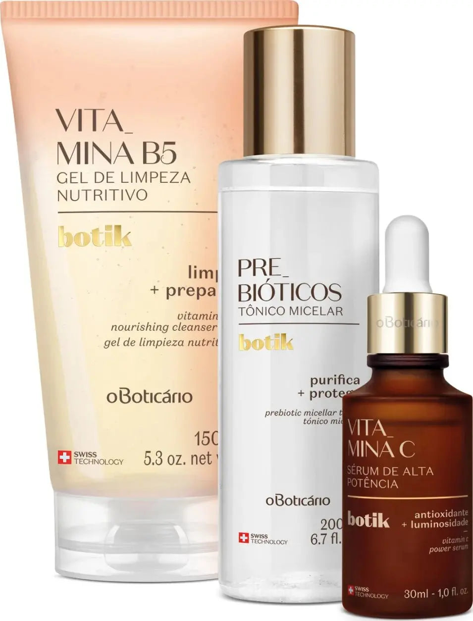 Combo Botik Soin Parfait : Gel Nettoyant Nourrissant Vitamine B5 150g + Tonique Micellaire Prébiotique 200ml + Sérum Vitamine C Haute Puissance 30ml